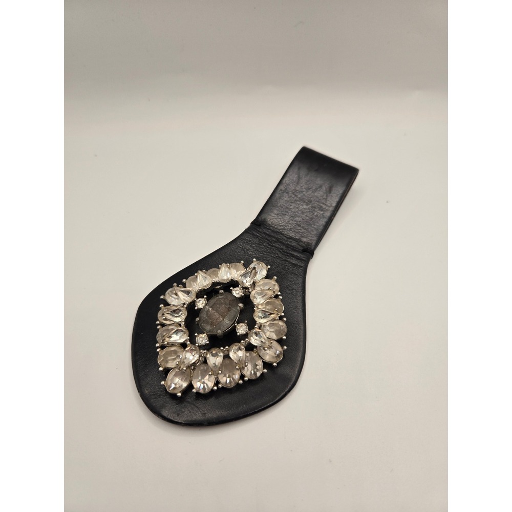 Vintage Leather Belt Slide Brooch Rhinestone Crystal Cluster Black Pin Accessory